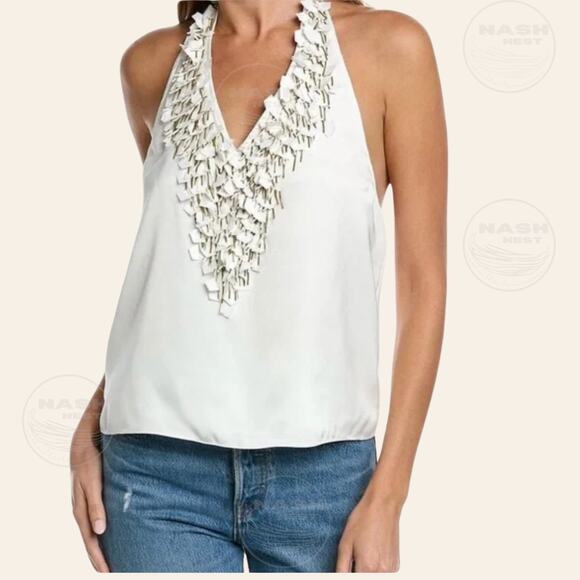 Ramy Brook Mitchell Top Ivory Beaded Halter | Glam, Resort Vacation S NWT $395 - Picture 3 of 14